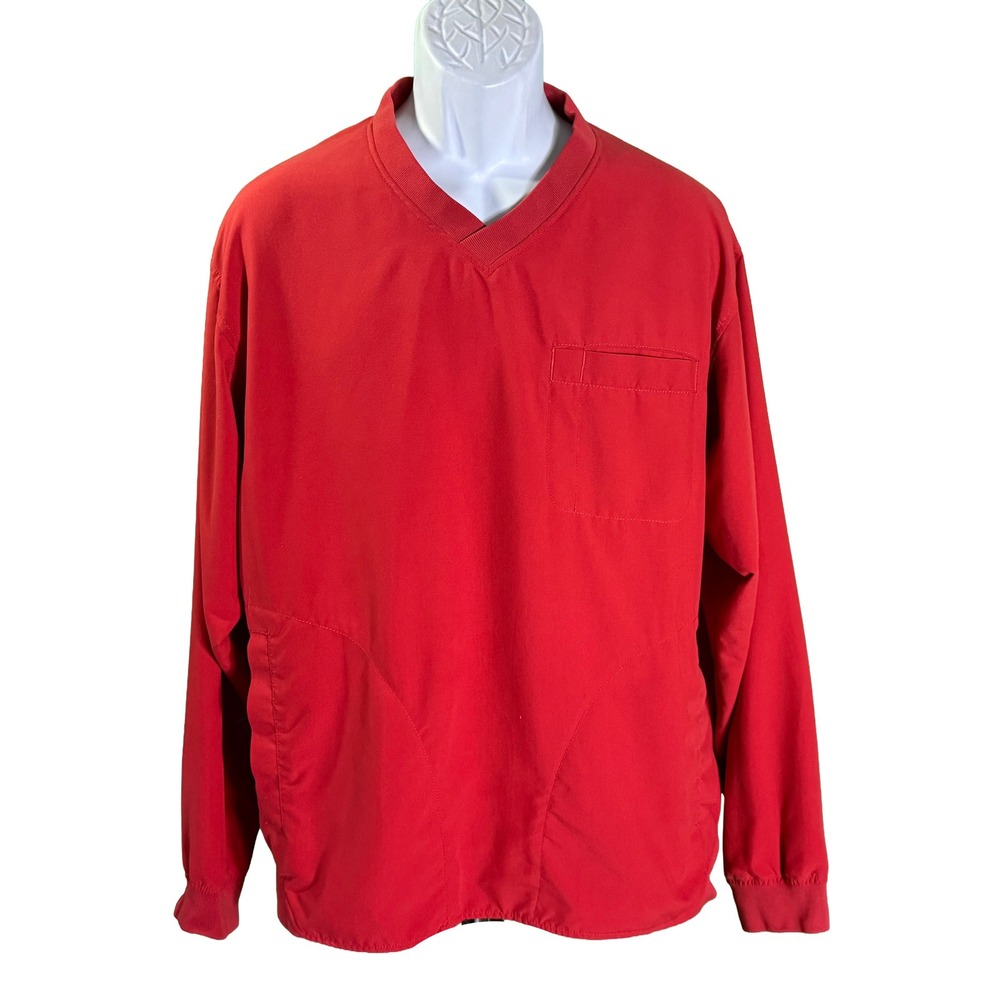 Duluth Trading Co Windbreaker Pullover Mens L Red V-Neck Pockets Long Sleeve